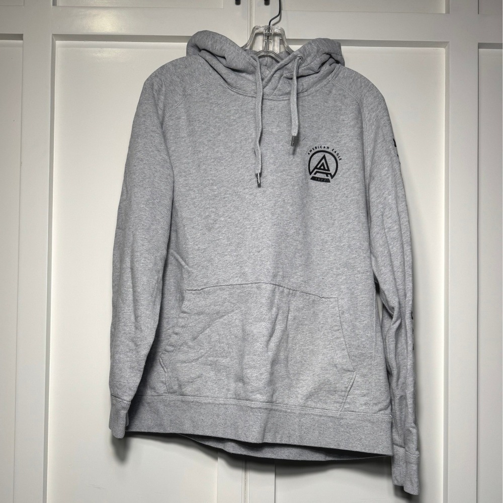 American Eagle Mens Grey Graphic Logo Pullover Hoodie Sweatshirt Large Cotton